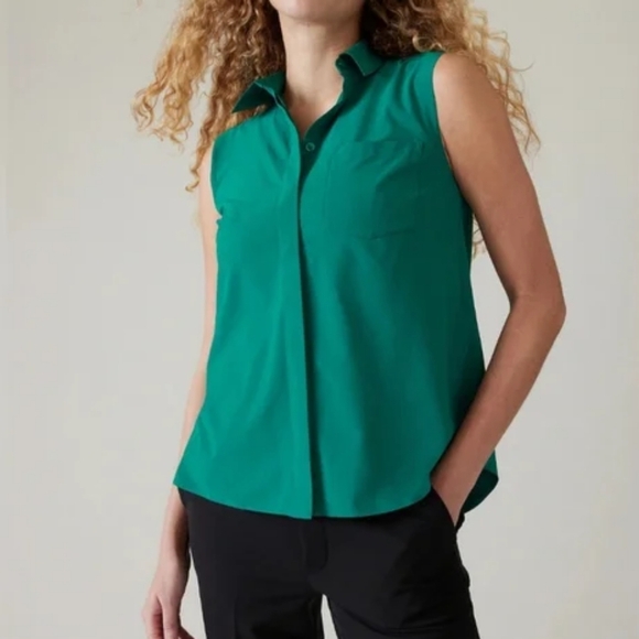 Athleta Emerald Green Teal Sleeveless Collared Button-Up Everlasting Tank Office - Picture 4 of 12